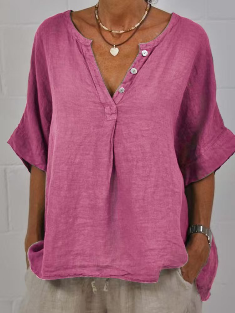 Cotton-linen Solid-color Door-cuff V-neck Button-up Shirt - Image 8
