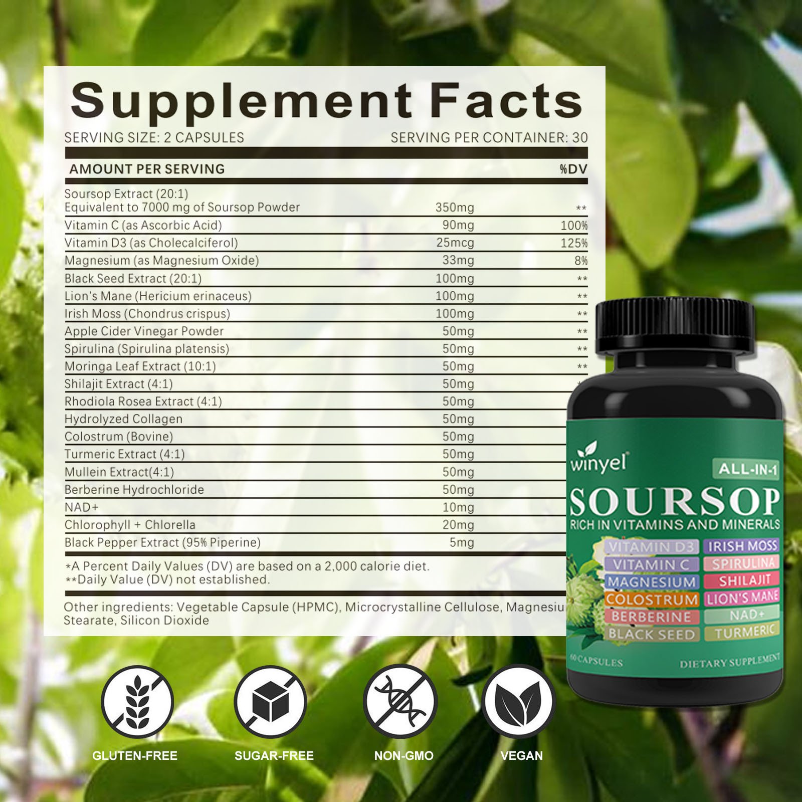 Soursop Supplement Containing 20 Herbal Extracts Including Seaweed, Lion's Mane Mushroom, Turmeric, Black Seed Oil, Oregano, And Mullein, Promoting Overall Health. Vegan, 60 Capsules. - Image 9