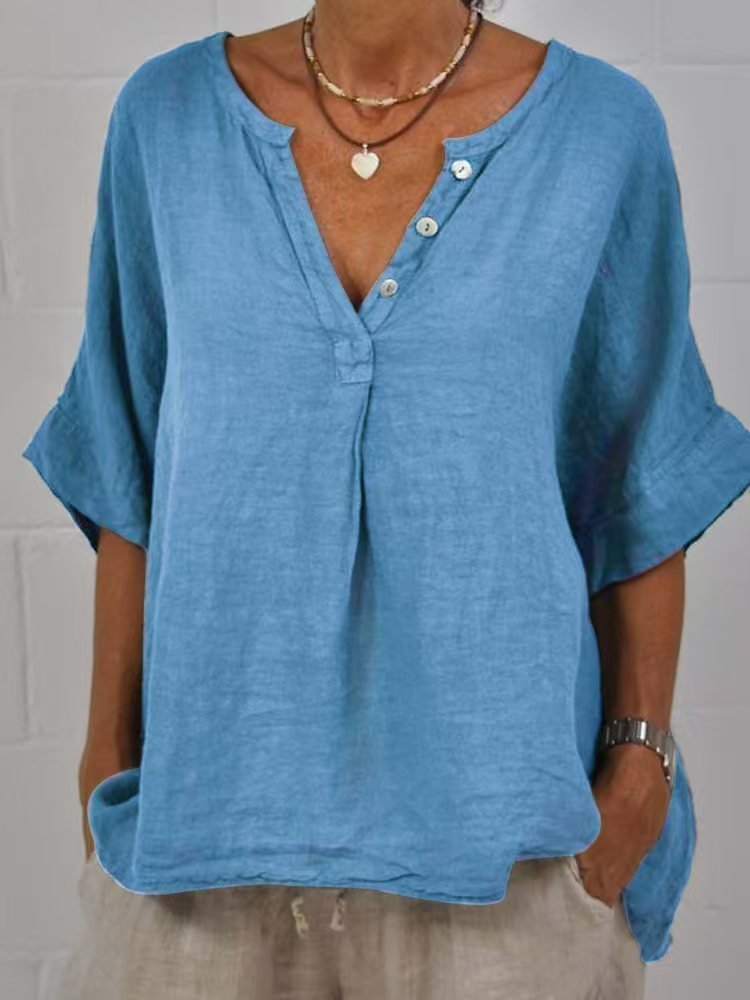 Cotton-linen Solid-color Door-cuff V-neck Button-up Shirt - Image 10