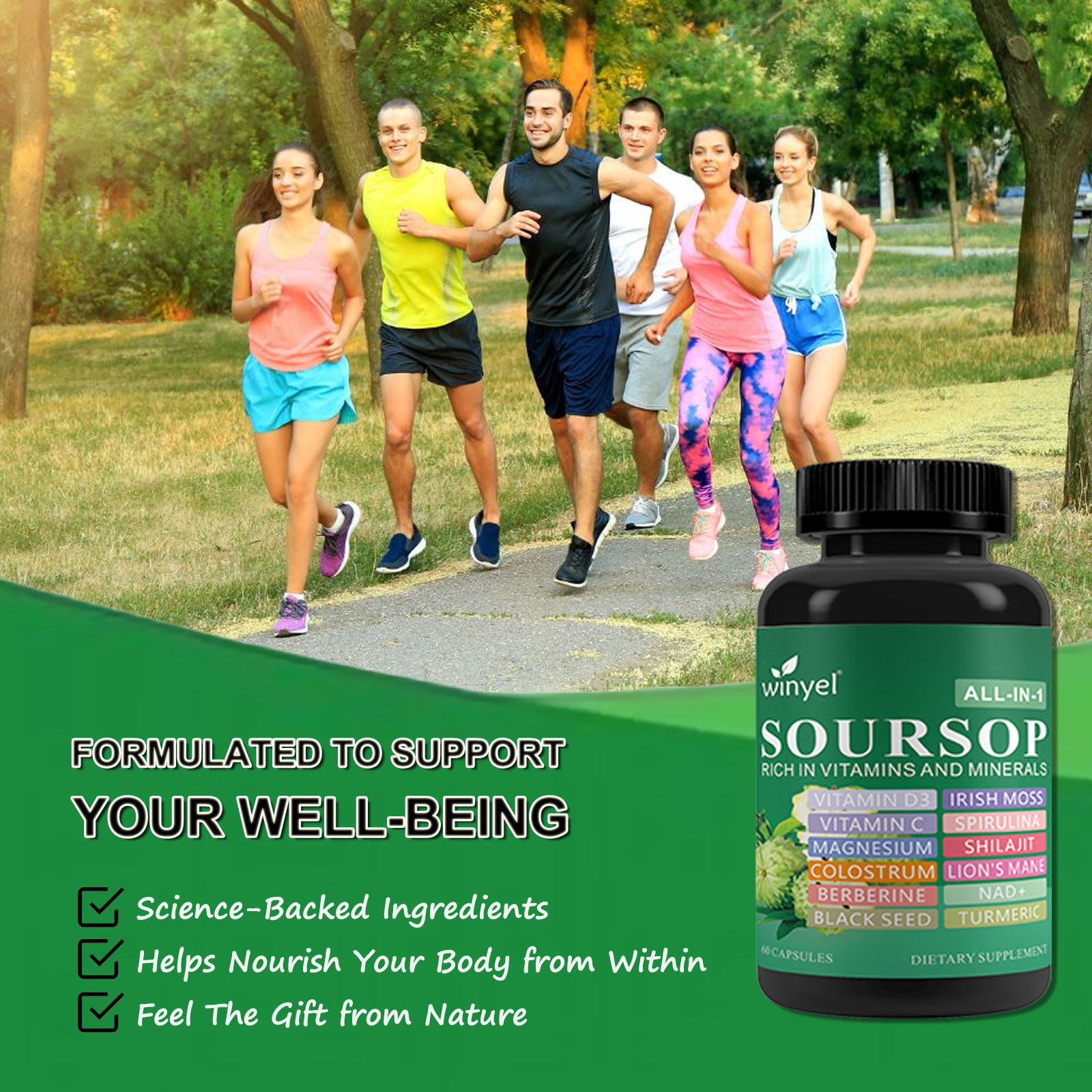Soursop Supplement Containing 20 Herbal Extracts Including Seaweed, Lion's Mane Mushroom, Turmeric, Black Seed Oil, Oregano, And Mullein, Promoting Overall Health. Vegan, 60 Capsules. - Image 2