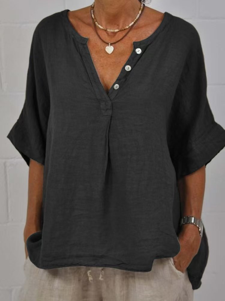 Cotton-linen Solid-color Door-cuff V-neck Button-up Shirt - Image 7