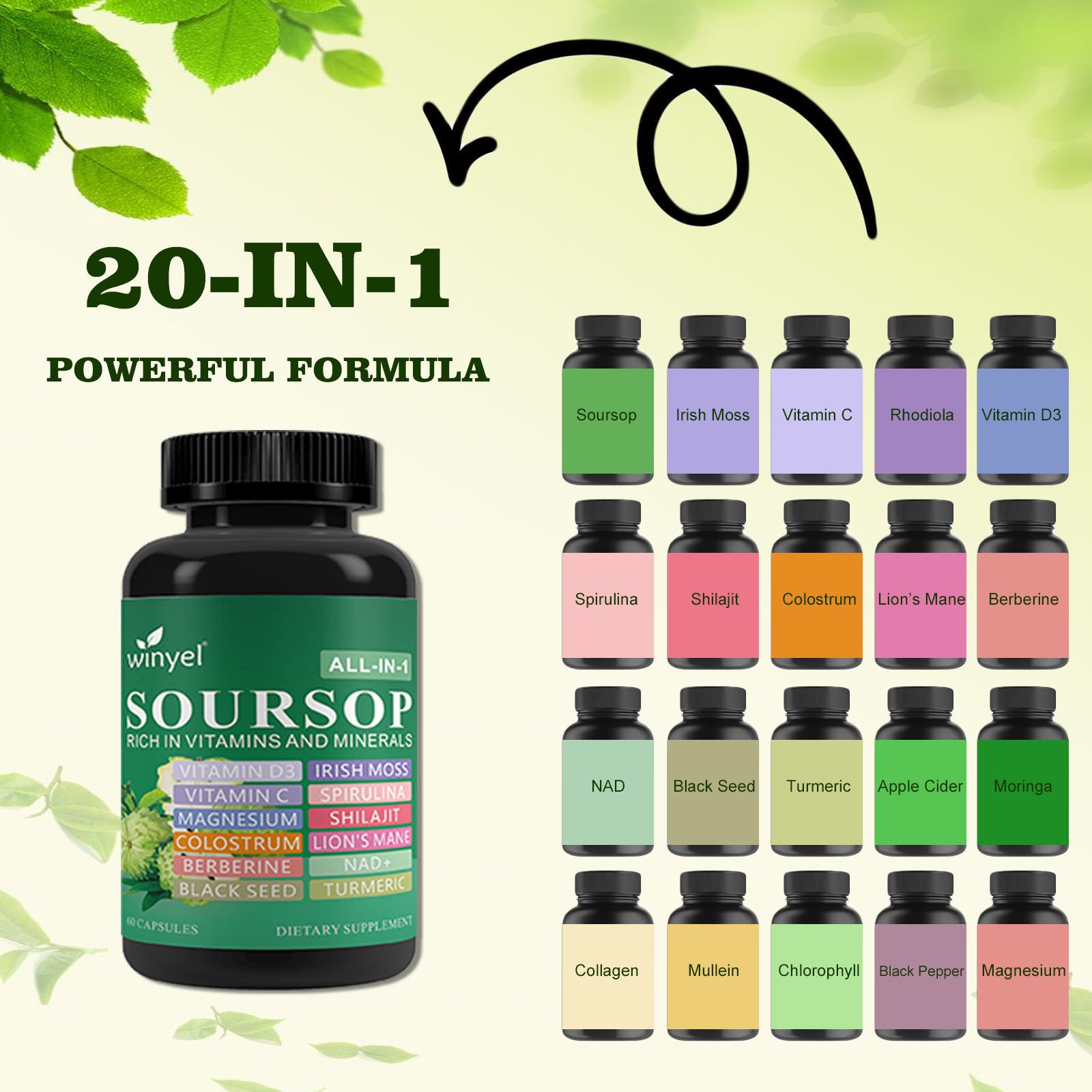 Soursop Supplement Containing 20 Herbal Extracts Including Seaweed, Lion's Mane Mushroom, Turmeric, Black Seed Oil, Oregano, And Mullein, Promoting Overall Health. Vegan, 60 Capsules. - Image 7