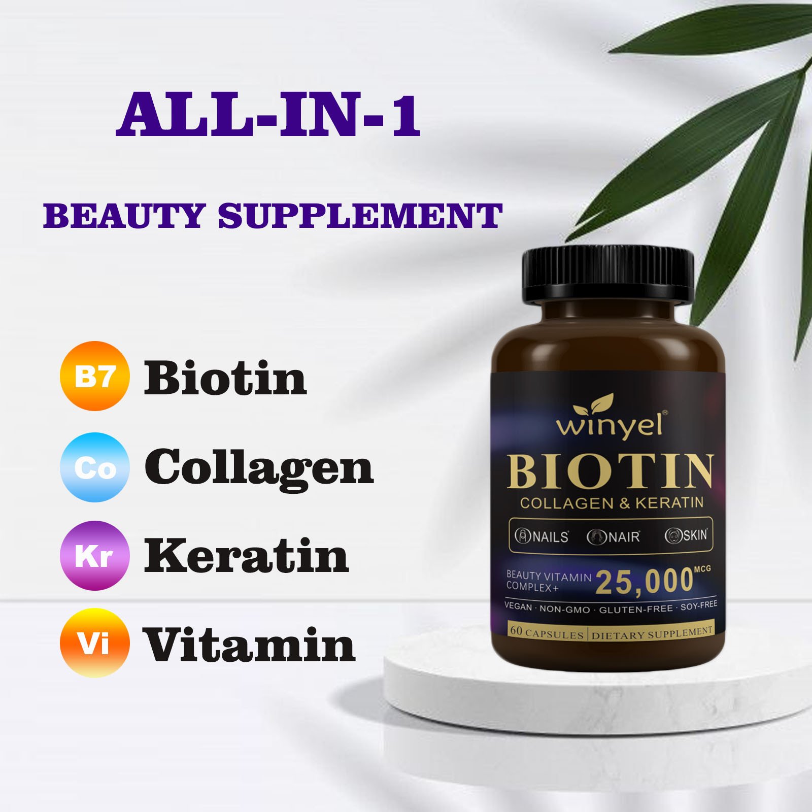 Biotin Collagen Hyaluronic Acid Keratin - Support Normal Hair Growth Cycle - Skin & Nails - 25000mcg Vitamins B1, B2, B3, B6 & B7 - For Women & Men 60 Capsules - Image 6