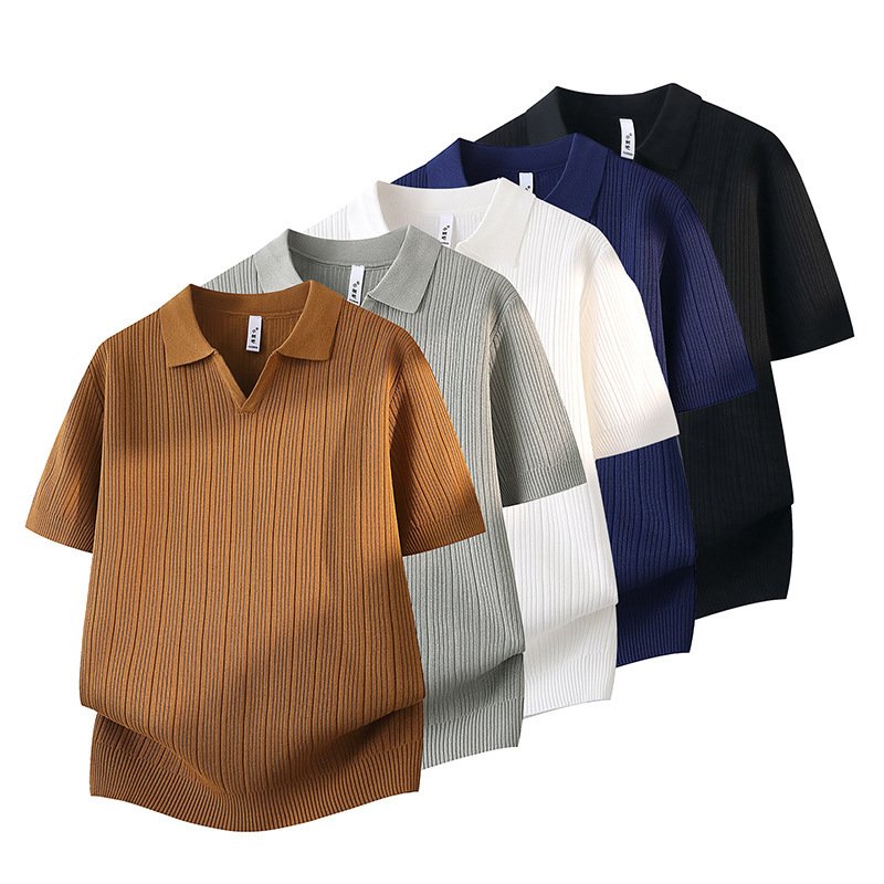 Slim-fit Lapel Solid-color Casual Thin Half-sleeve Mens