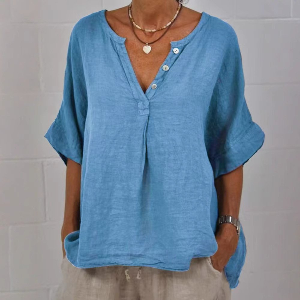 Cotton-linen Solid-color Door-cuff V-neck Button-up Shirt - Image 4