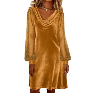 Womens Solid-Color V-Neck Mesh Dress