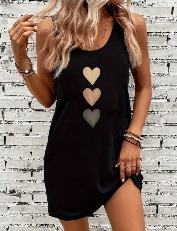 Vibrant Heart Print Crew Neck Tank Dress - Soft, Breathable, Sleeveless Design For Spring & Summer - Women's Casual Clothing For Everyday Wear - Image 3
