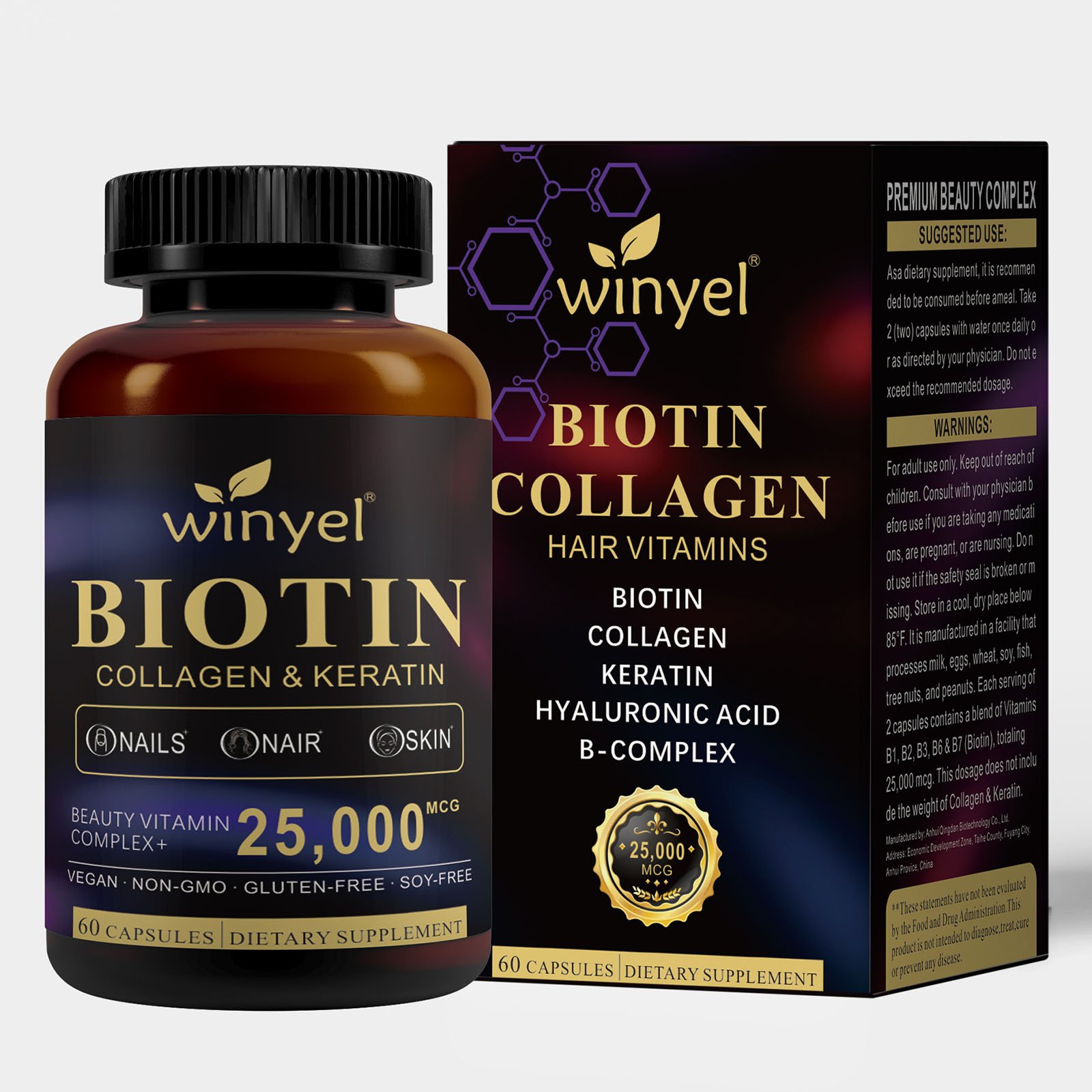 Biotin Collagen Hyaluronic Acid Keratin - Support Normal Hair Growth Cycle - Skin & Nails - 25000mcg Vitamins B1, B2, B3, B6 & B7 - For Women & Men 60 Capsules