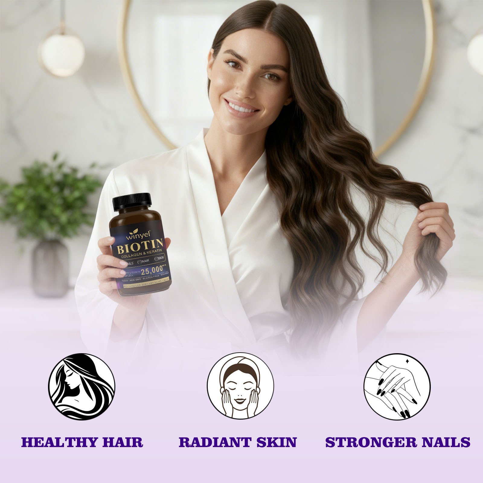 Biotin Collagen Hyaluronic Acid Keratin - Support Normal Hair Growth Cycle - Skin & Nails - 25000mcg Vitamins B1, B2, B3, B6 & B7 - For Women & Men 60 Capsules - Image 4