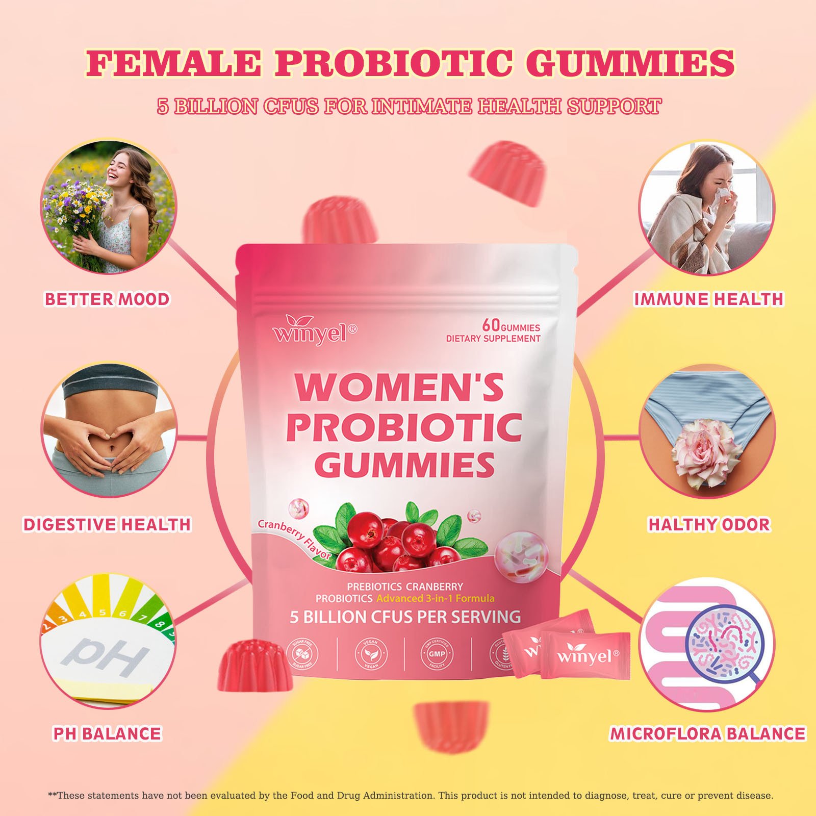 Cranberry Probiotic Gummies Targets Body Odor, Women's Health, And PH Balance Vegan 60 Gummies Per Pack - Image 3