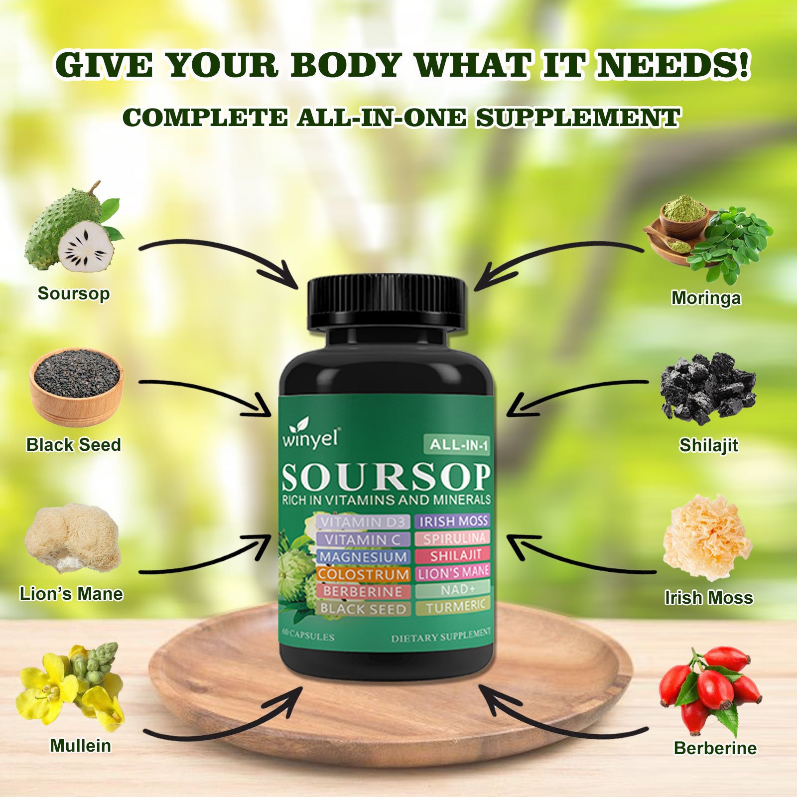 Soursop Supplement Containing 20 Herbal Extracts Including Seaweed, Lion's Mane Mushroom, Turmeric, Black Seed Oil, Oregano, And Mullein, Promoting Overall Health. Vegan, 60 Capsules. - Image 6