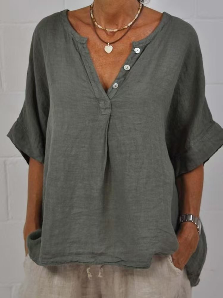 Cotton-linen Solid-color Door-cuff V-neck Button-up Shirt - Image 6