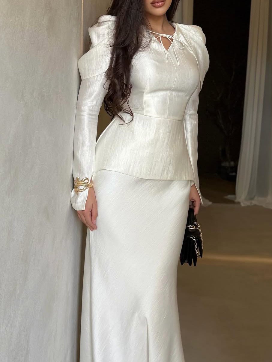 White Satin V-Neck Waist-Cinched Top & Mermaid Skirt Set - Image 5