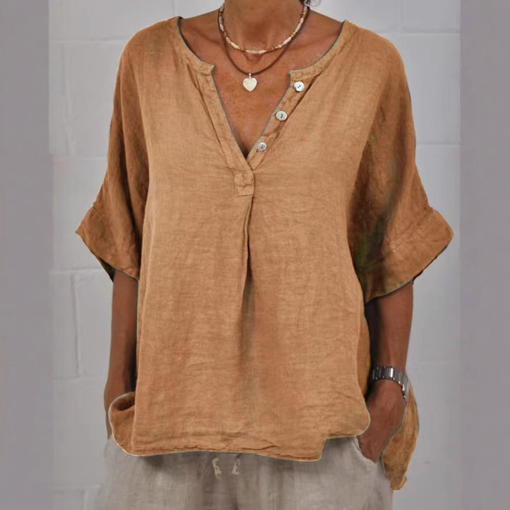 Cotton-linen Solid-color Door-cuff V-neck Button-up Shirt - Image 3