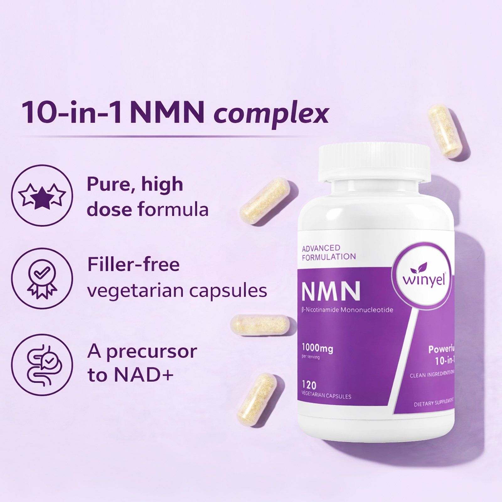 WINYEL Cellular Energy Complex Per Serving, 10-in-1 Formula, Zero Filler, With Vitamin C, Resveratrol, CoQ10, TMG, Quercetin & Glutathione Capsules - Image 5