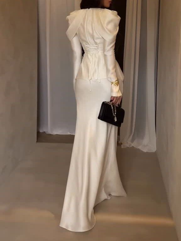 White Satin V-Neck Waist-Cinched Top & Mermaid Skirt Set - Image 4