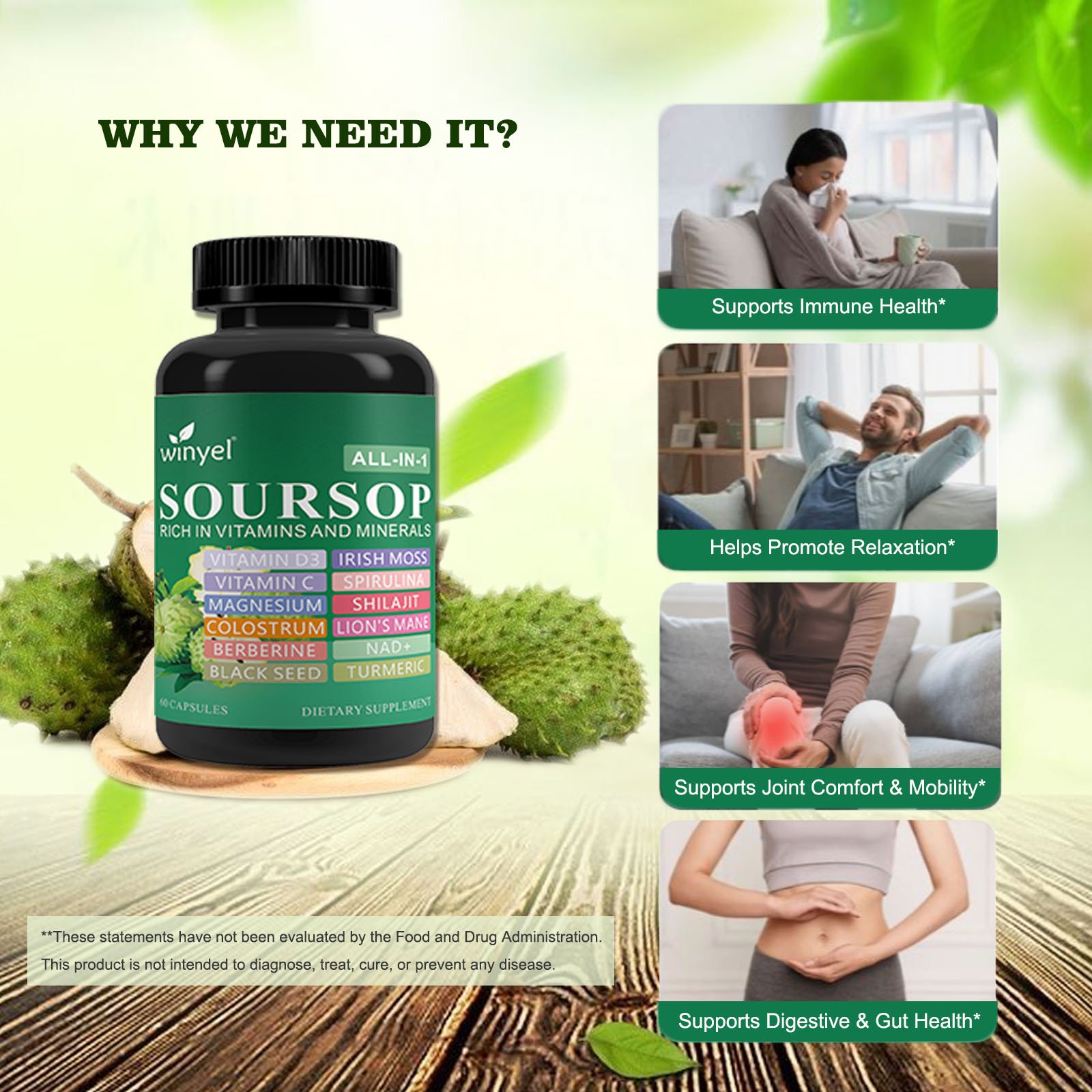 Soursop Supplement Containing 20 Herbal Extracts Including Seaweed, Lion's Mane Mushroom, Turmeric, Black Seed Oil, Oregano, And Mullein, Promoting Overall Health. Vegan, 60 Capsules. - Image 5