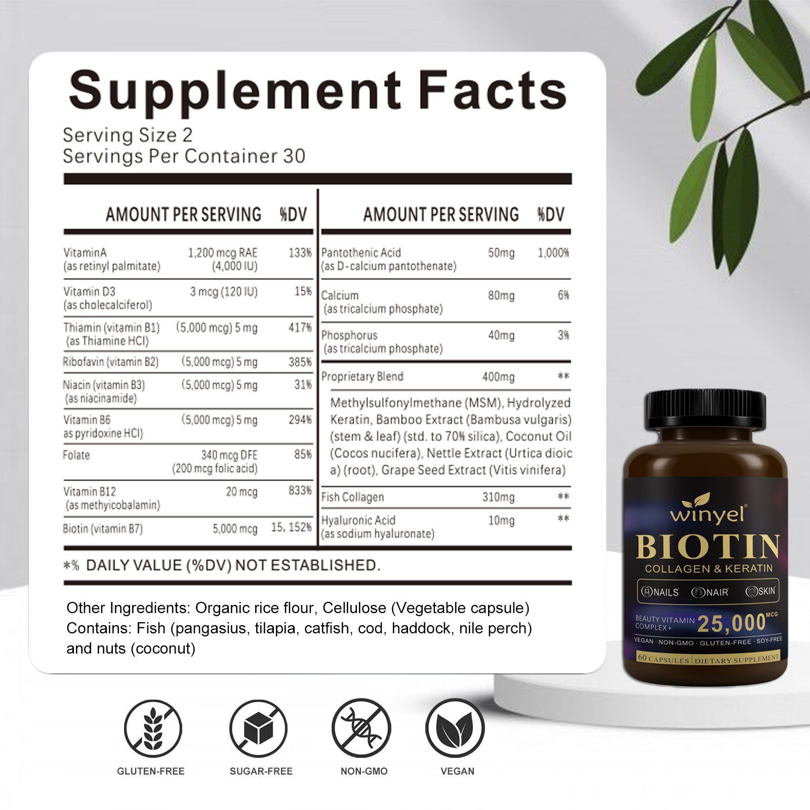 Biotin Collagen Hyaluronic Acid Keratin - Support Normal Hair Growth Cycle - Skin & Nails - 25000mcg Vitamins B1, B2, B3, B6 & B7 - For Women & Men 60 Capsules - Image 2
