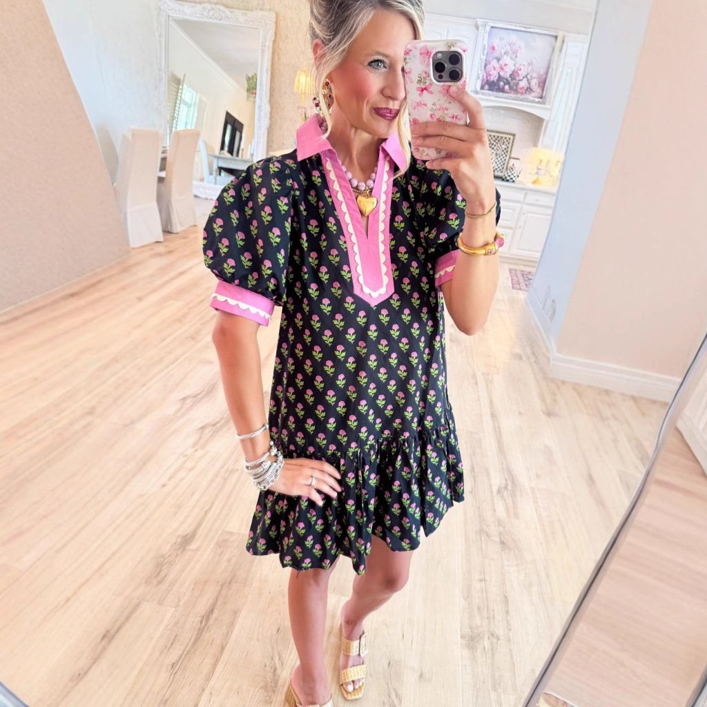 Floral-print Lace Puffed-sleeve Dress
