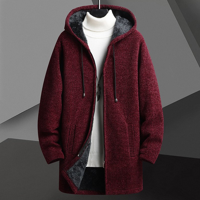 Fall Winter Men Fleece-lined Mid-length Zipper Hooded Sweater Cardigan - Image 2