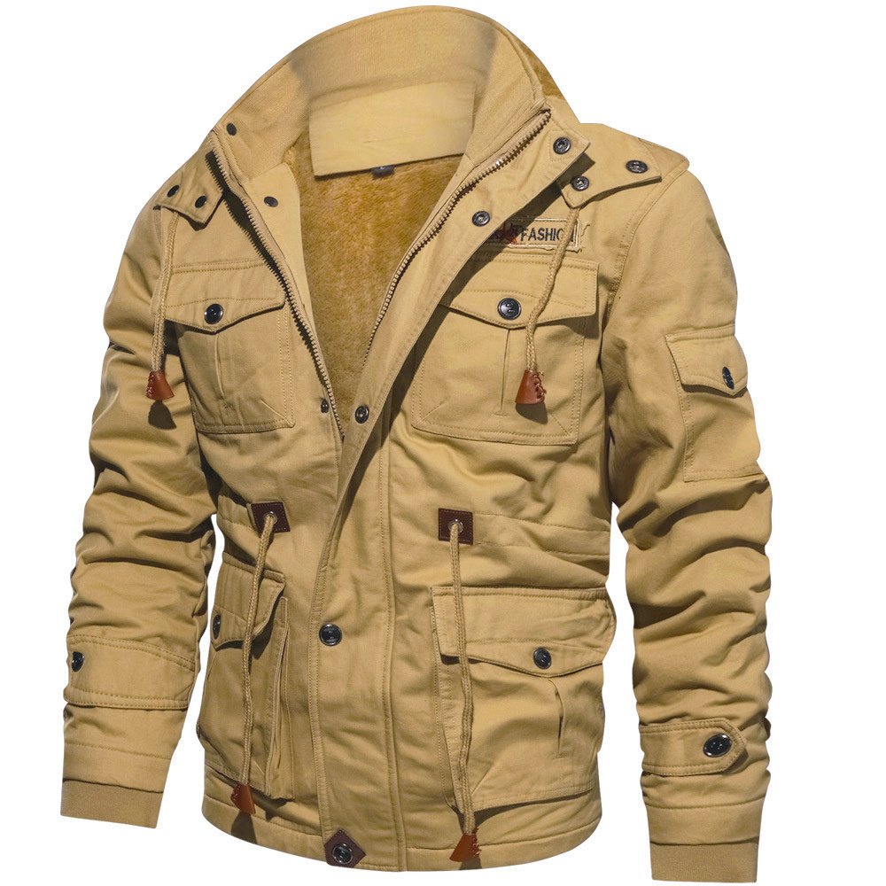 Winter Zip-up Coat Warm Thickened Detachable Hooded Jacket Multi-pocket Button Drawstring Long Sleeve Tops Men's Cargo Clothing - Image 6