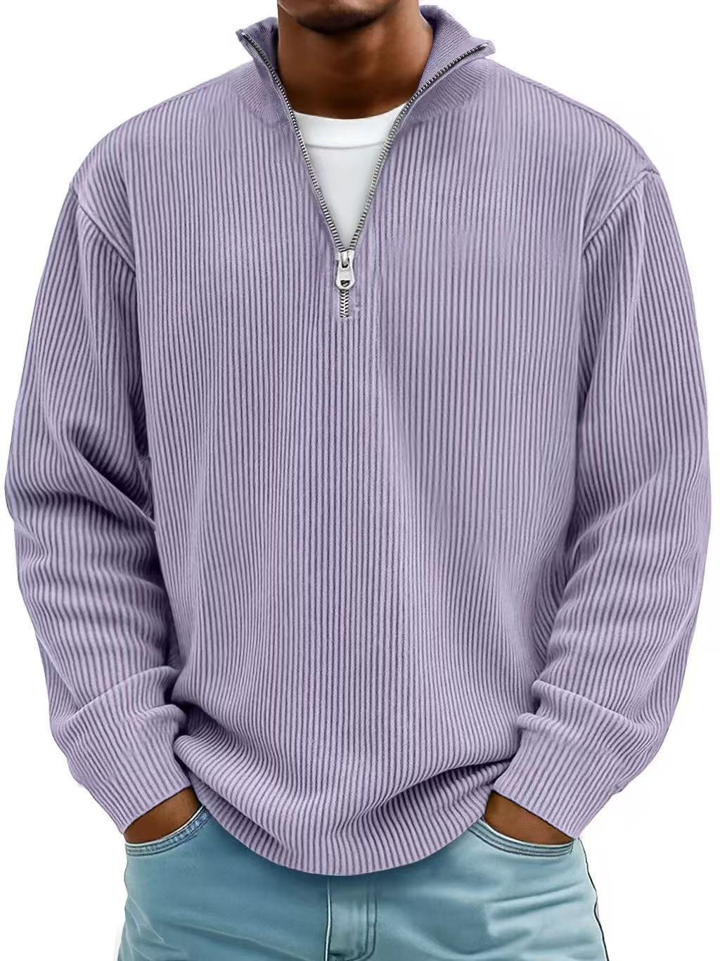 Corduroy Zipper Stand Collar Sweatshirt Fashion Warm Solid Color Long Sleeve Top Men's Casual Polo Shirt Clothing - Image 8