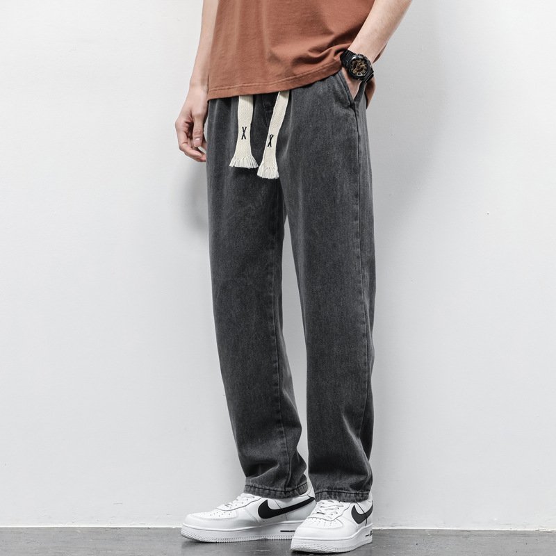 Summer Loose Wide Leg Jeans Pants Men Fashion Drawstring Elasticated Straight Trousers - Image 5