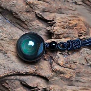 Natural Obsidian Rainbow Eye Transfer Good Luck Pearl Pendant Necklace Polyester Rope Chain Necklace Jewelry For Woman
