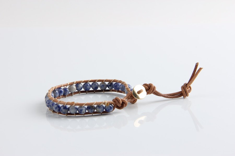 Popular white point blue natural stone leather woven 6mm single ring bracelet full handmade bead bracelet - Image 2