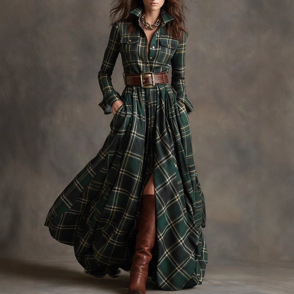 Ins Plaid Print Long-Sleeved Dress Fashion Pockets Collared Buttons Shirt Long Dresses Retro Women's Clothing - Image 3