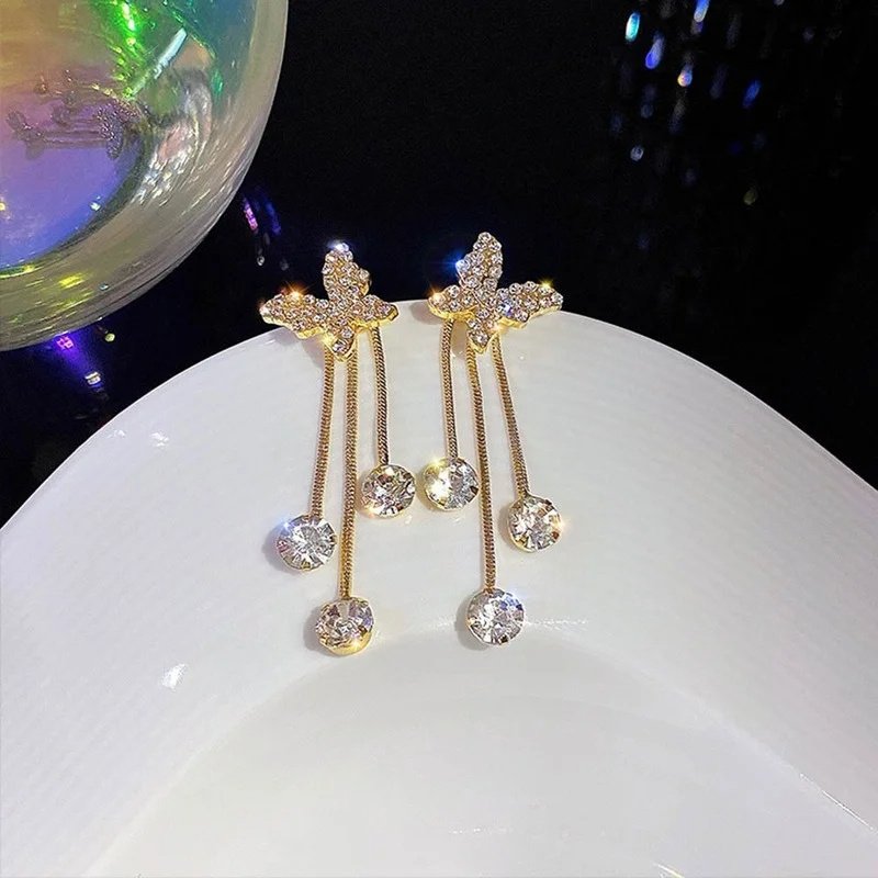 Fashion Jewelry Shiny Butterfly Rhinestone Drop Dangle Earrings Women Elegant Long Pearl Tassel Chain Pendant Party Jewelry - Image 6