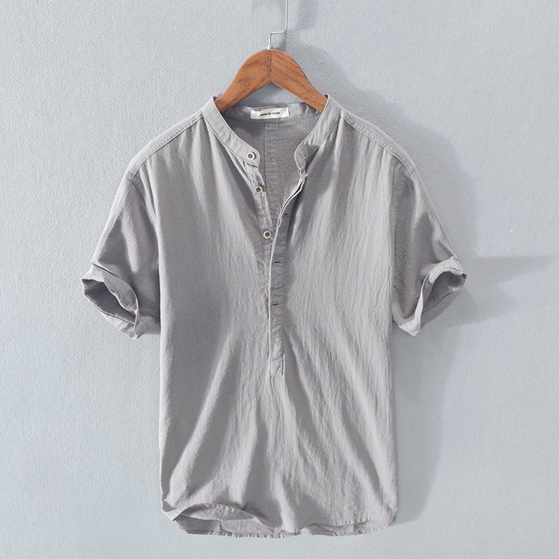 Men's Stand Collar Japanese Ice Silk Linen Short Sleeve T-shirt - Image 4