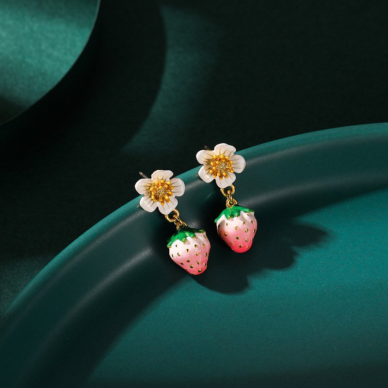 Enamel Strawberry Silver Needle Earrings For Women