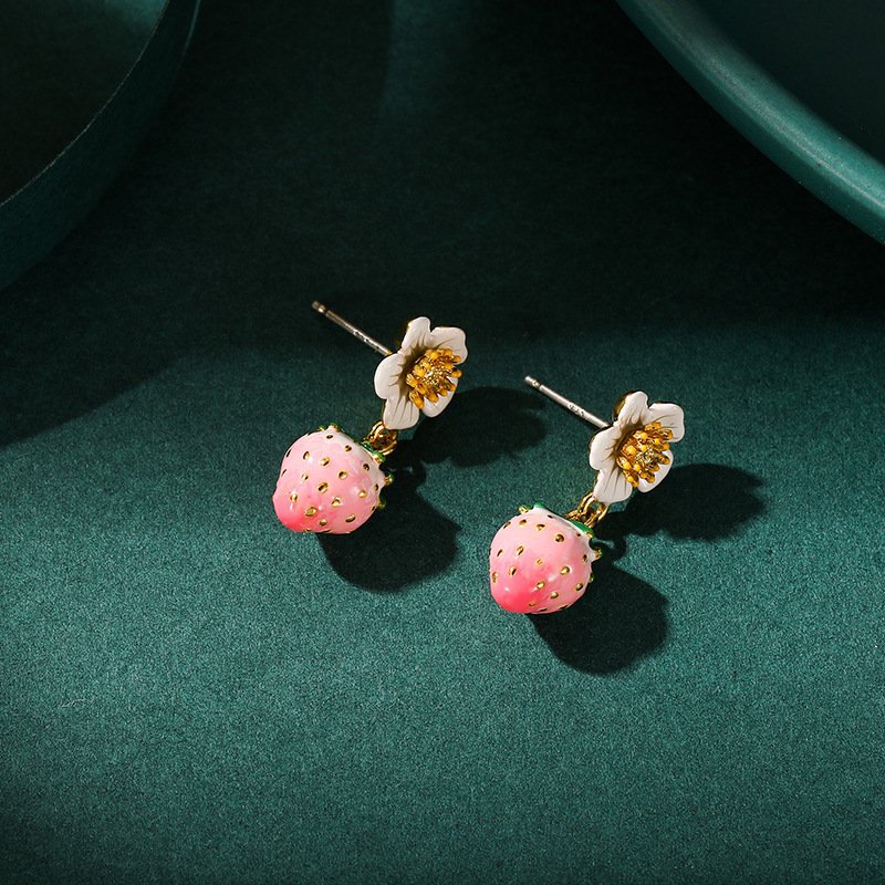 Enamel Strawberry Silver Needle Earrings For Women - Image 2