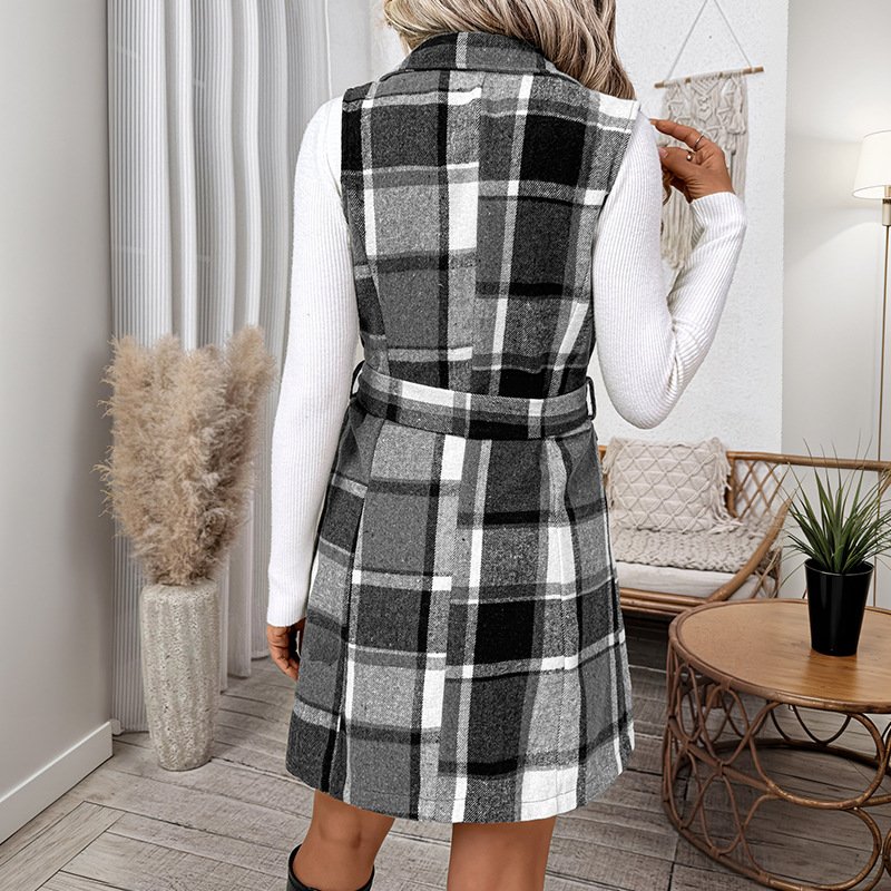 Commuter Retro Style Lace-up Turn-down Collar Plaid Women's Vest - Image 4