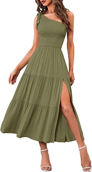 New Summer Fashion Women's One-shoulder Pleated Layered Hem Split Dress - Image 10