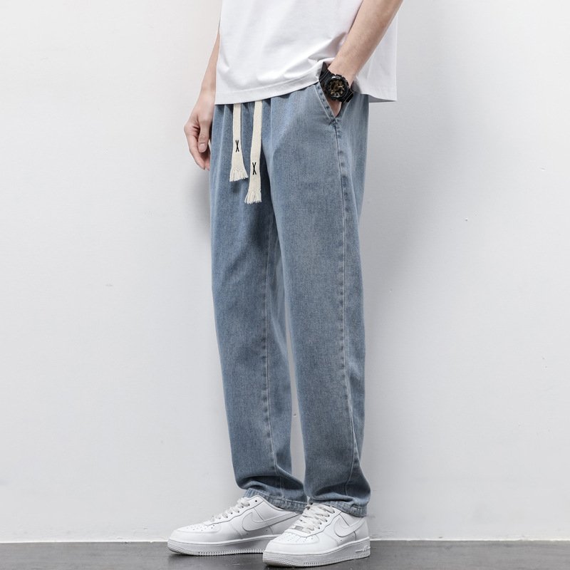Summer Loose Wide Leg Jeans Pants Men Fashion Drawstring Elasticated Straight Trousers - Image 8