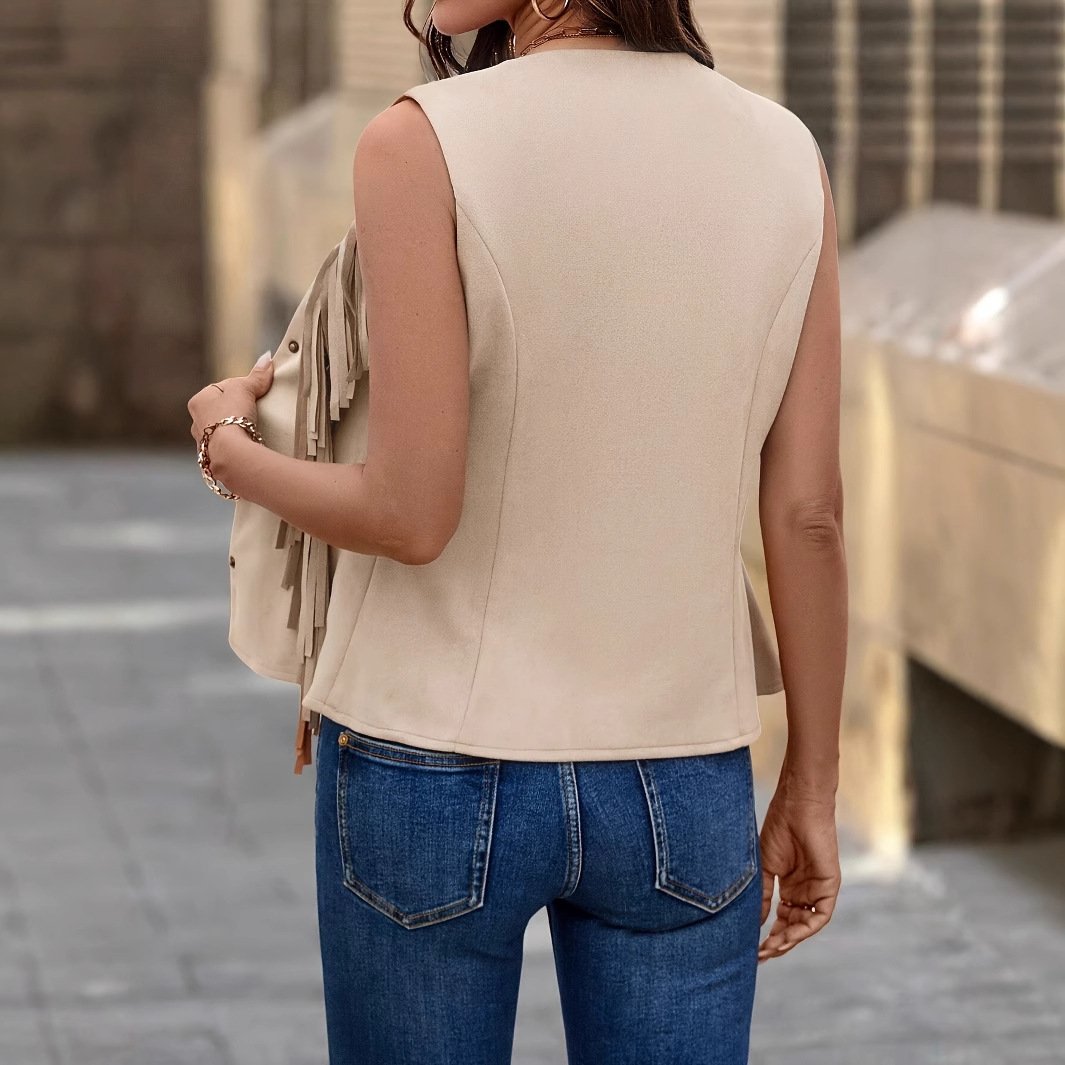 Fashionable Women's Solid Color Fringed Suede Vest - Image 2