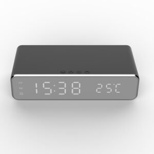 LED Electric Alarm Clock With Wireless Charger Desktop Digital Despertador Thermometer Clock HD Mirror Clock Watch Table Decor - Black
