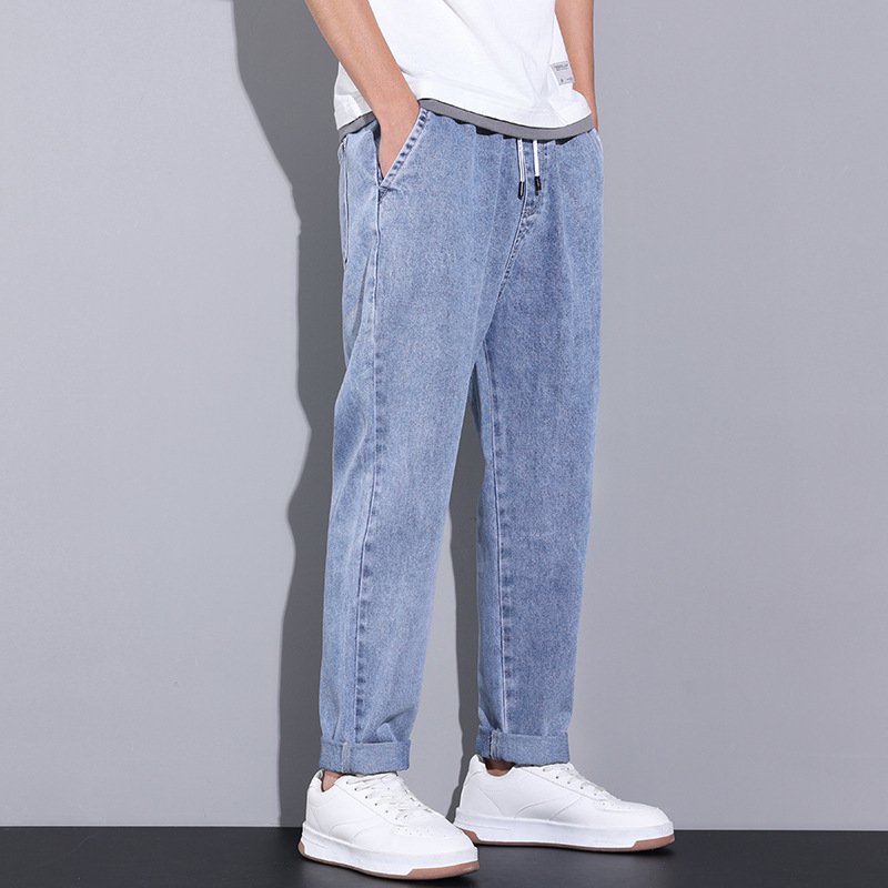 Summer Loose Wide Leg Jeans Pants Men Fashion Drawstring Elasticated Straight Trousers - Image 4