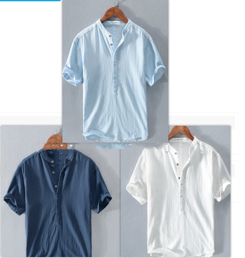 Men's Stand Collar Japanese Ice Silk Linen Short Sleeve T-shirt - Image 7