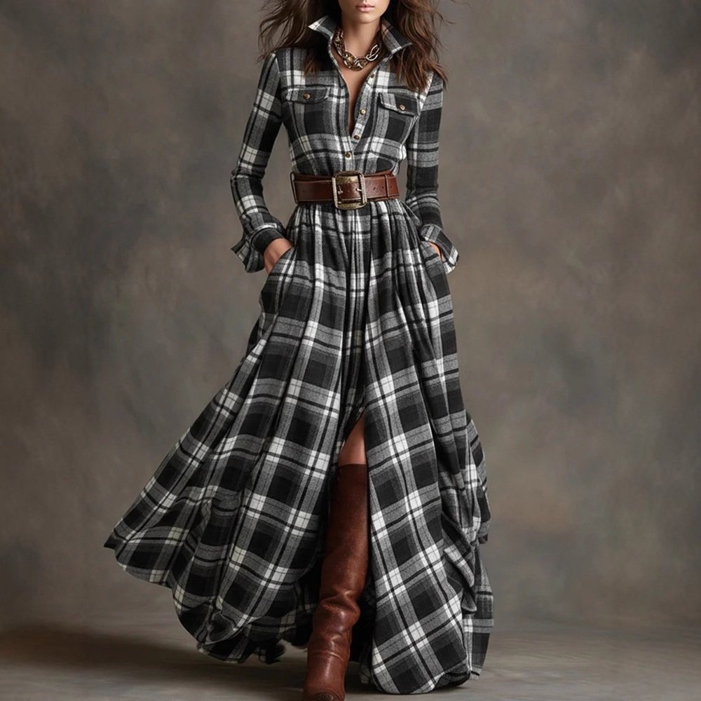 Ins Plaid Print Long-Sleeved Dress Fashion Pockets Collared Buttons Shirt Long Dresses Retro Women's Clothing - Image 5