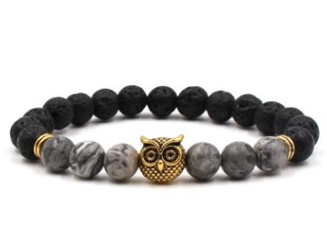 Foreign trade AliExpress best selling 8mm natural stone black lava volcanic stone bracelet gold alloy owl bracelet - Image 3