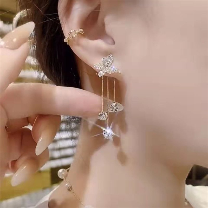 Fashion Jewelry Shiny Butterfly Rhinestone Drop Dangle Earrings Women Elegant Long Pearl Tassel Chain Pendant Party Jewelry - Image 2