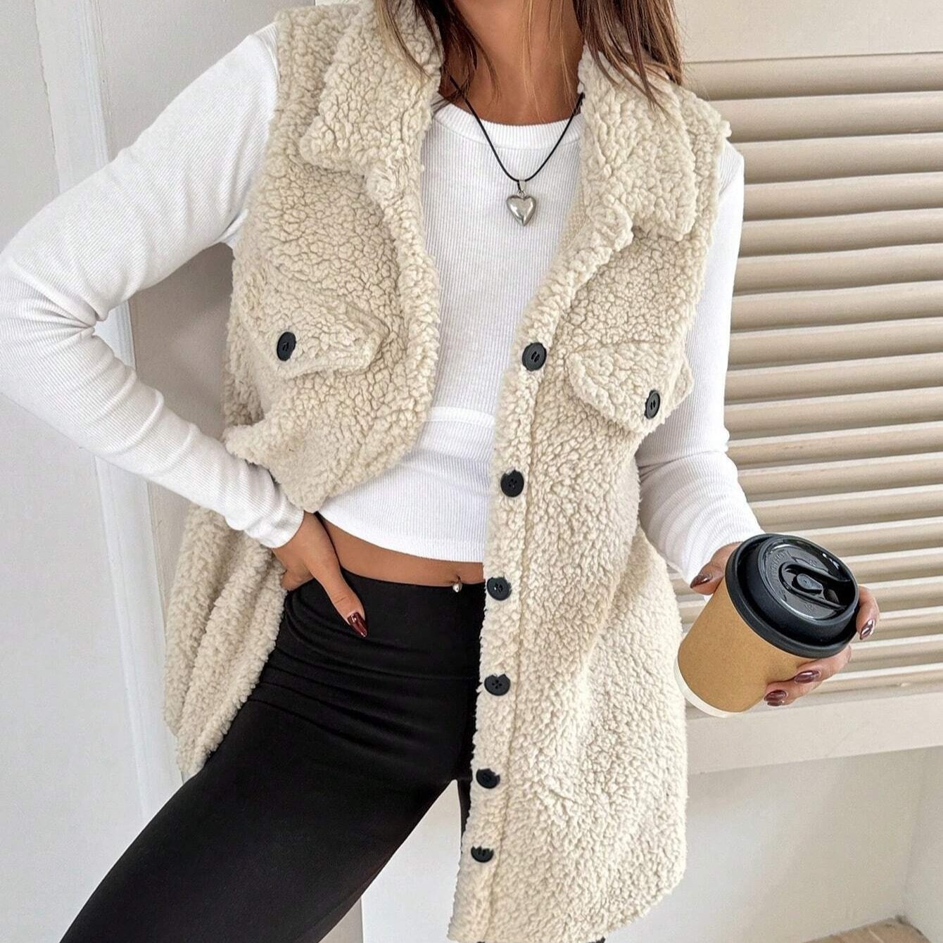 Lapels Open Button Plush Vest Cardigan - Image 6