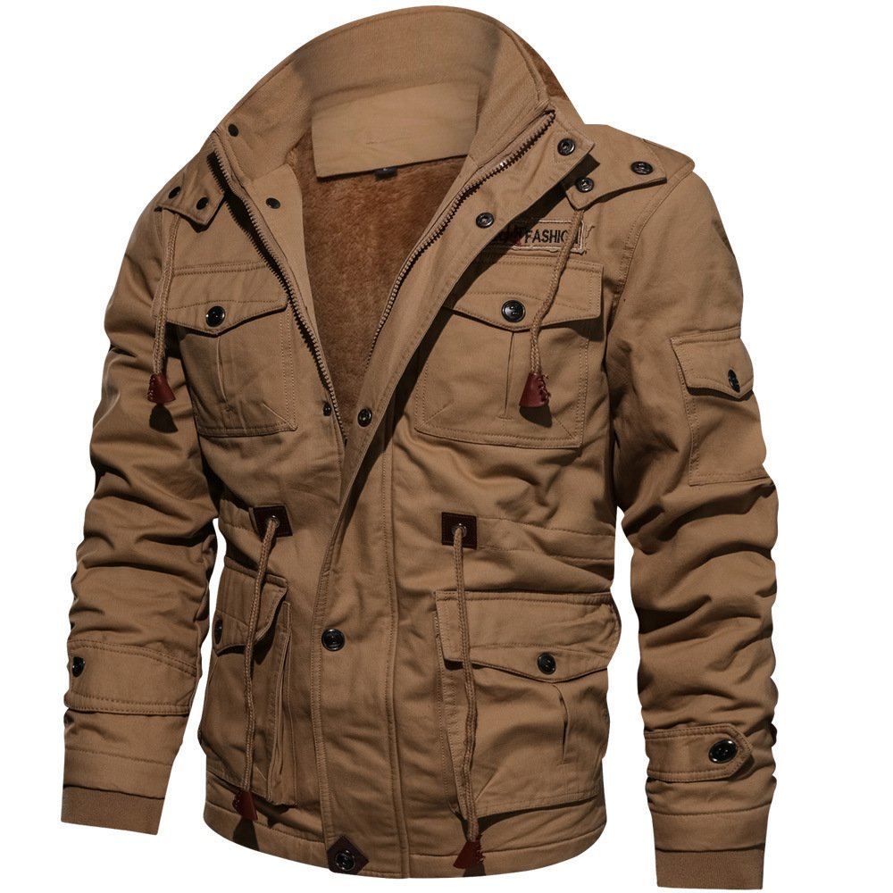 Winter Zip-up Coat Warm Thickened Detachable Hooded Jacket Multi-pocket Button Drawstring Long Sleeve Tops Men's Cargo Clothing - Image 2