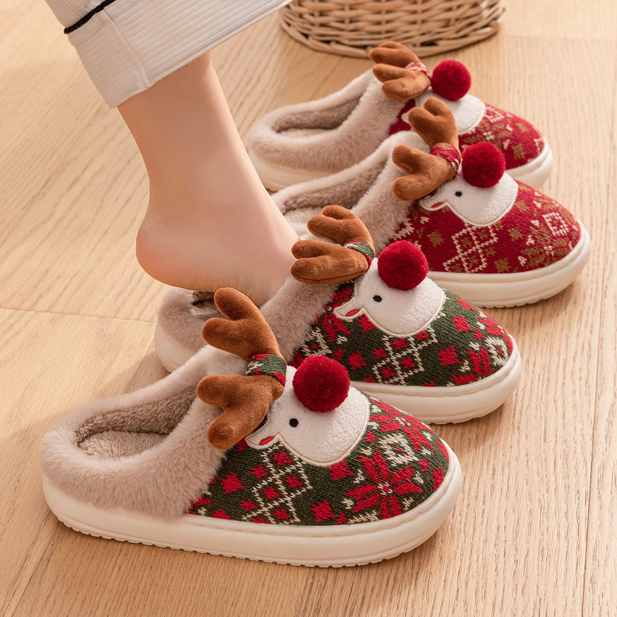 Cute Christmas Elk Plush Slippers Winter Ins Fashion Non-slip Floor Bedroom Home Slippers For Women Fuzzy House Shoes - Image 2