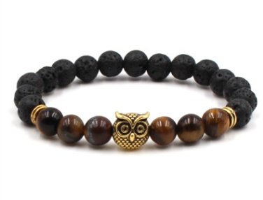 Foreign trade AliExpress best selling 8mm natural stone black lava volcanic stone bracelet gold alloy owl bracelet - Image 6