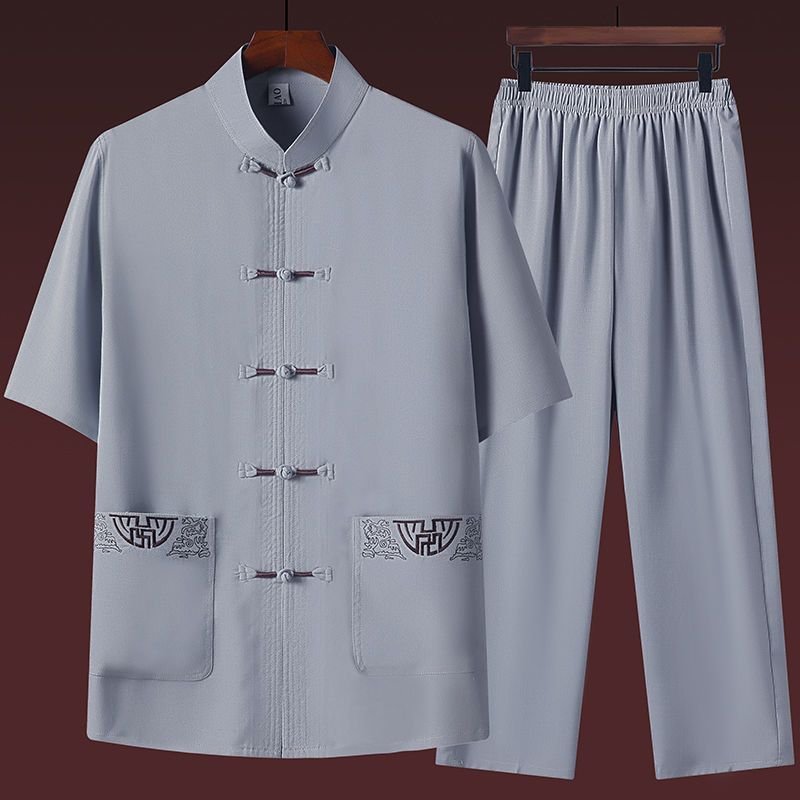 Mens Casual Summer Short-sleeve Ice-silk Shirt And Pants Set