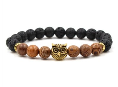 Foreign trade AliExpress best selling 8mm natural stone black lava volcanic stone bracelet gold alloy owl bracelet - Image 2